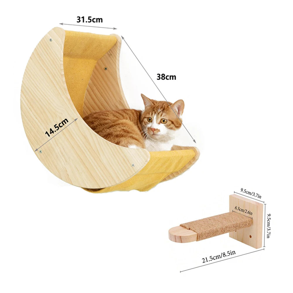 Wall-Mounted Cat Hammock Cradle Cat Climbing Frame Floating Shelf Solid Wood Cats Scratch Posts for Sleeping and Playing Toy