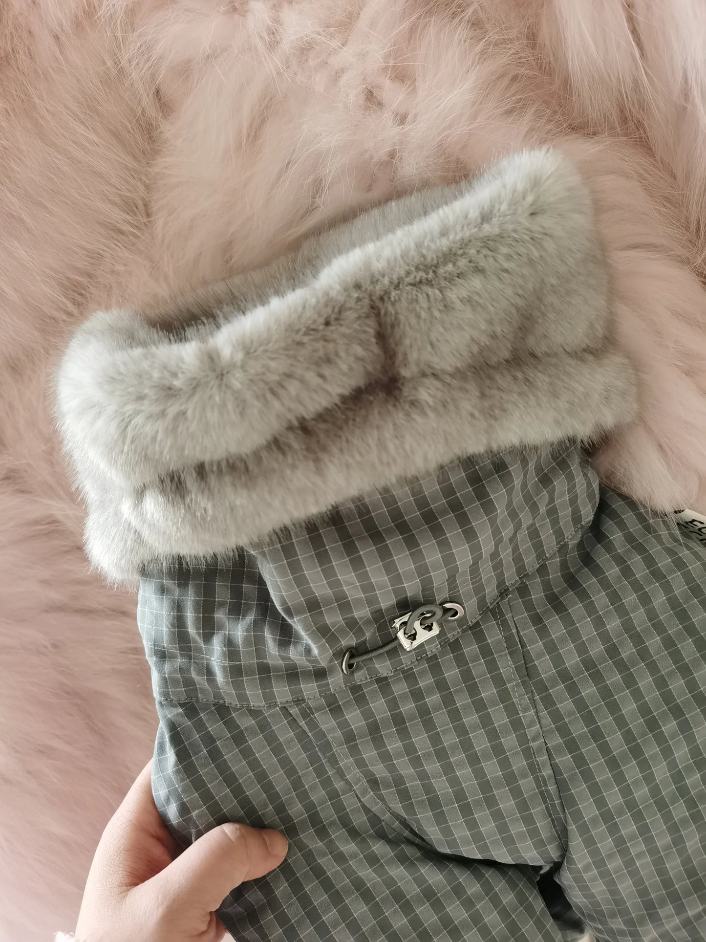 Thick Plaid Down Coat for Dogs in Winter Waterproof Windproof Grey Warm 4-leg Mink Fur Collar Puffer Jacket for Italy Greyhound