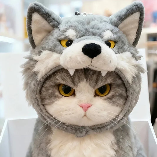 Dog and cat wolf head shape hood cute pet doll hood plush doll autumn and winter hood decoration pet supplies