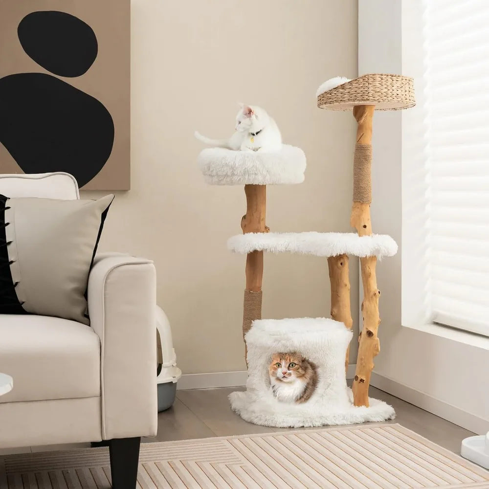 Cat Tree for Indoor Cats, Solid Wood Modern Cats Tower with Top Cattail Basket Cats Bed, Side Perch, Large Platform