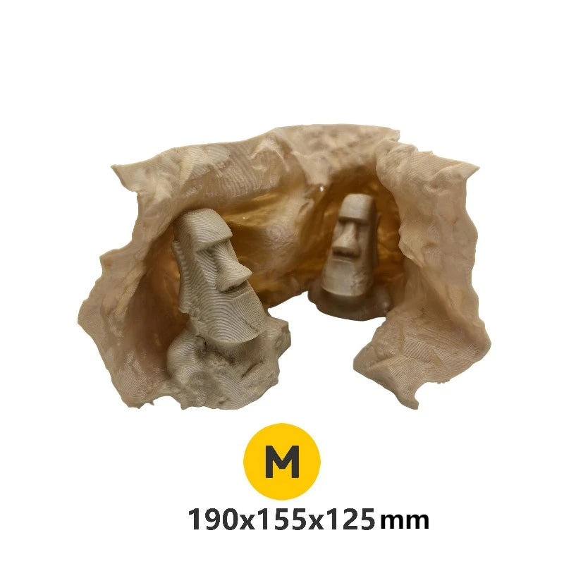 Simulated Rock Cave with Undulating Substrate Sand Terrain, Easter Island Heads Themed Aquascape, Hiding House for Fish & Shrimp