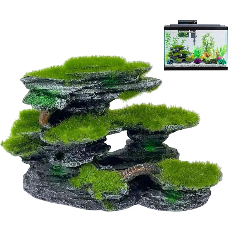 Aquarium Mountain View Stone, Aquarium View Stone, Mossed Aquarium Hideout, Submersible Resin Aquarium Decorations Large