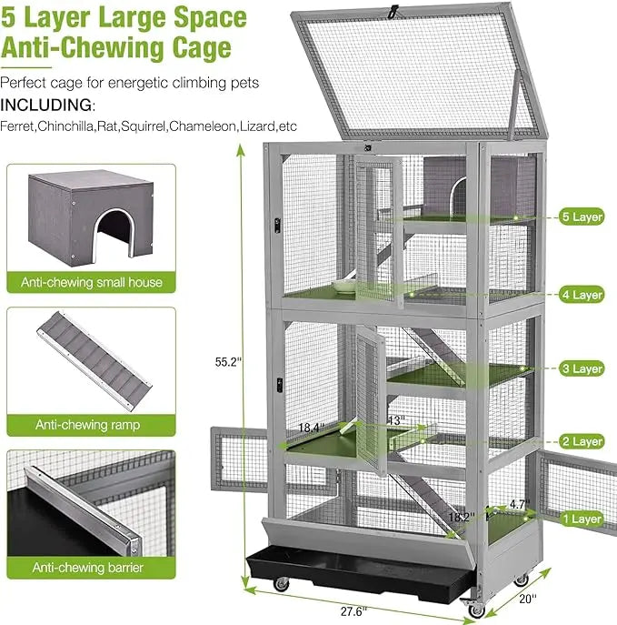 Large Critter Nation Cage for Chinchillas, Ferrets, Rats, Squirrels & Chameleons | Anti-Chew Design, Movable for Small Animals