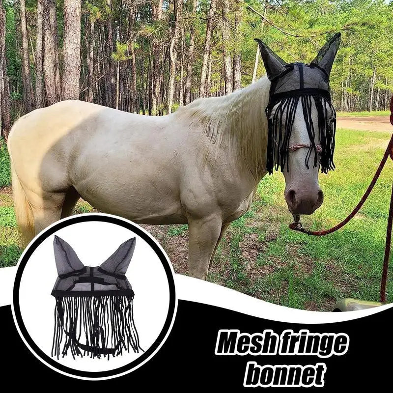 Horse Fly Cover With Ear Mesh Adjustable Horse Supplies With Tassels UV Shield Equestrian Equipment