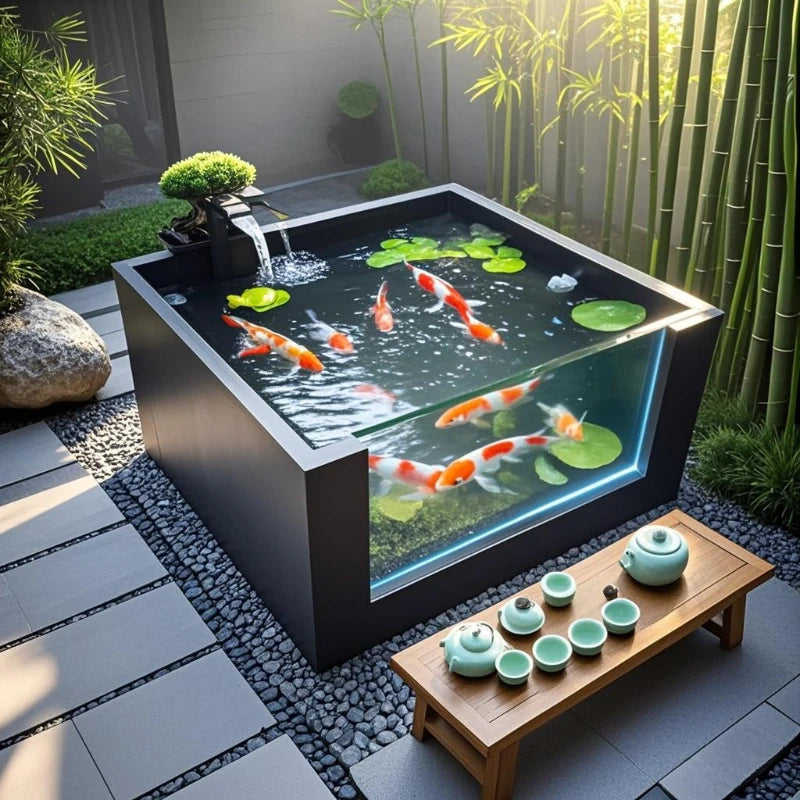 Yard fish pond rock slab floor-to-ceiling koi fish tank outdoor integrated square balcony to create landscape water feature