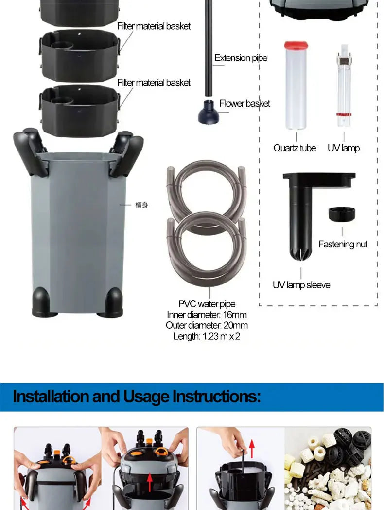 External Filter Bucket for Fish Tank 3 in 1 Water Purification Silent Circulation Pump High Efficiency Aquarium Cleaning Tool
