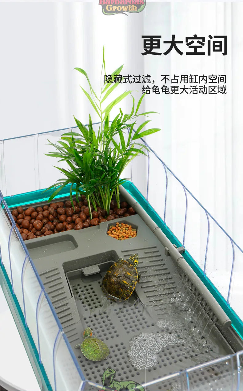 Integrated Turtle Tank Feeding Box Amphibious Tank Cage Plastic Transparent Turtle Tank House Amphibian and Reptile Habitat