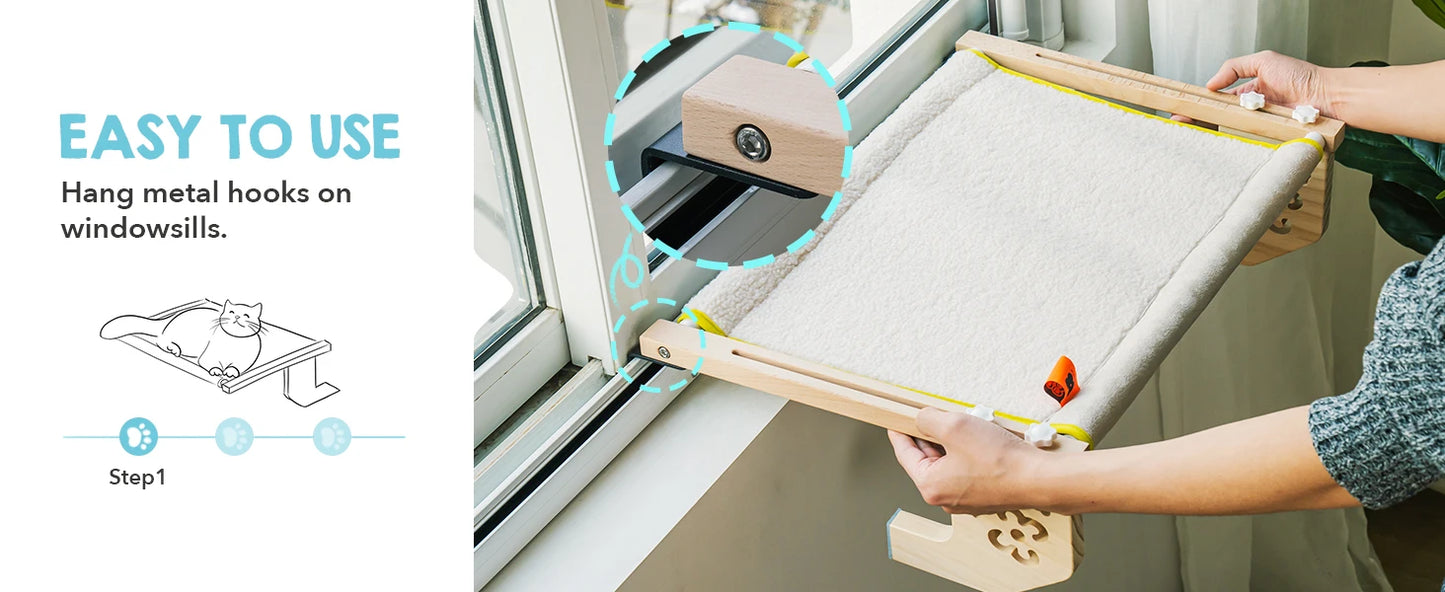 Mewoofun Cat Window Perch Wood Metal Frame Easy to Assemble for Windowsill Bedside Drawer and Cabinet More Beige Chessboard