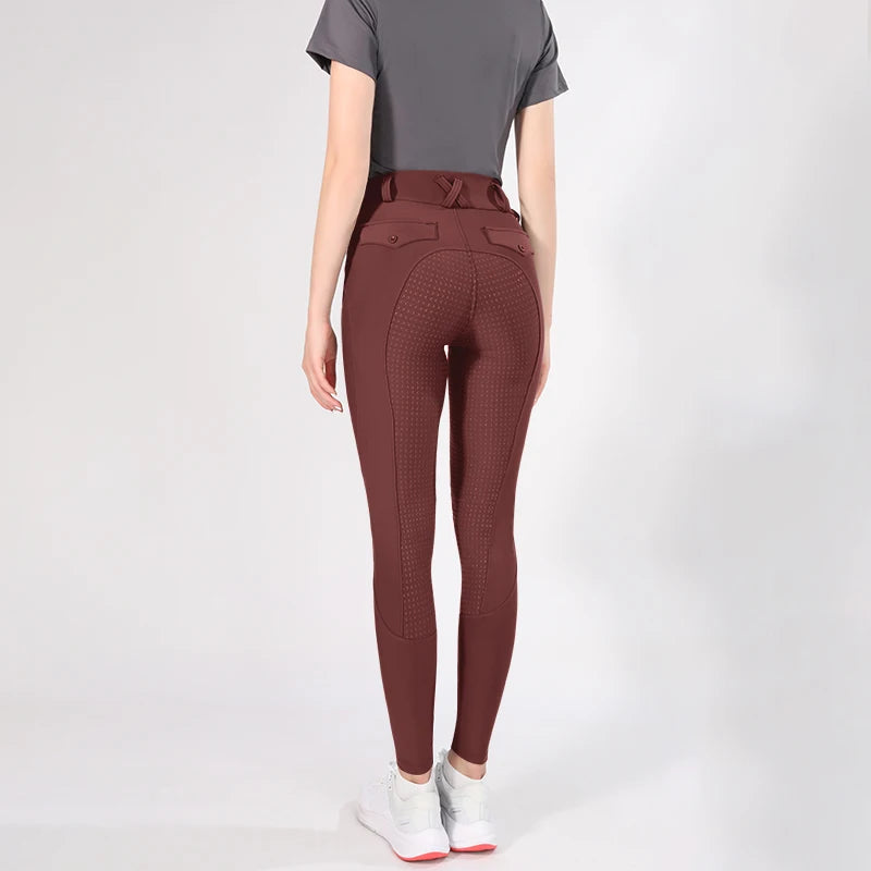 MXLLINA Button Zipper Horse Riding Pants Women Equestrian Leggings Breeches Competition Full Silicone Sports Tights