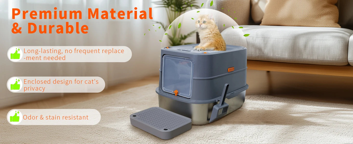 4-Style Cat Litter Box with Lid Large Kitty Litter Box Enclosed with High Sided Enclosure Scoop Non-Sticky