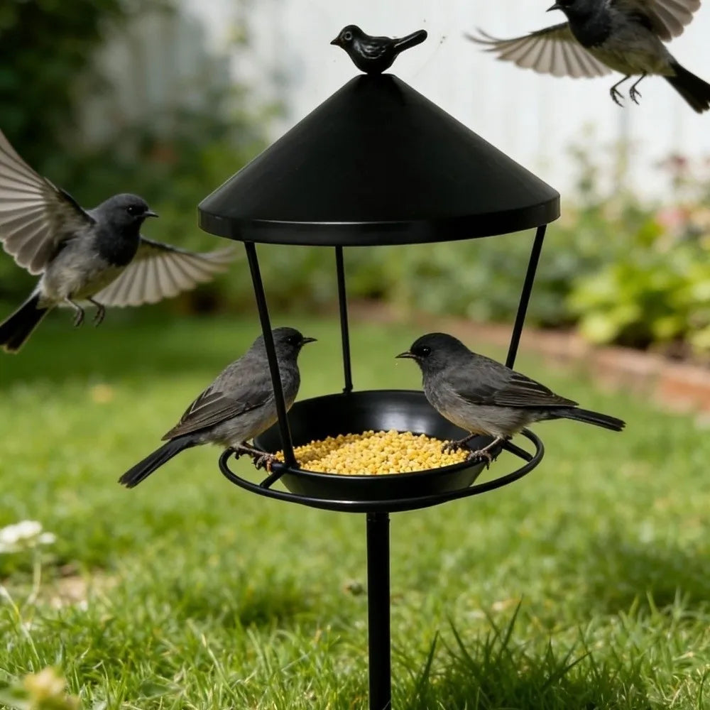 Weatherproof Standing Bird Feeder Spill Guard Large Capacity Wild Bird Feeding Station Anti-Waste Iron Birdbath Stand Courtyard