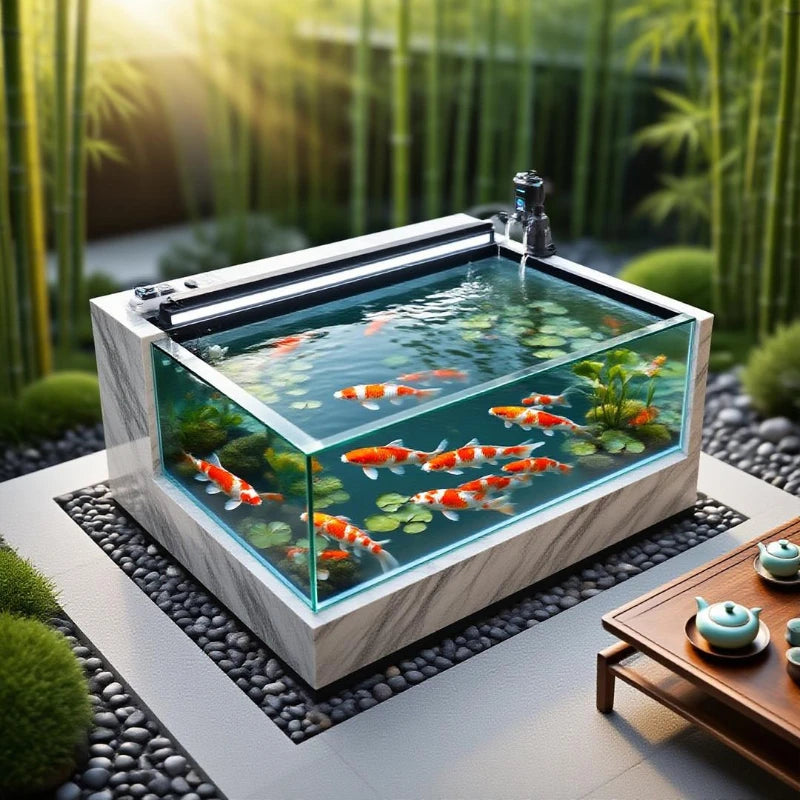 Yard fish pond rock slab floor-to-ceiling koi fish tank outdoor integrated square balcony to create landscape water feature