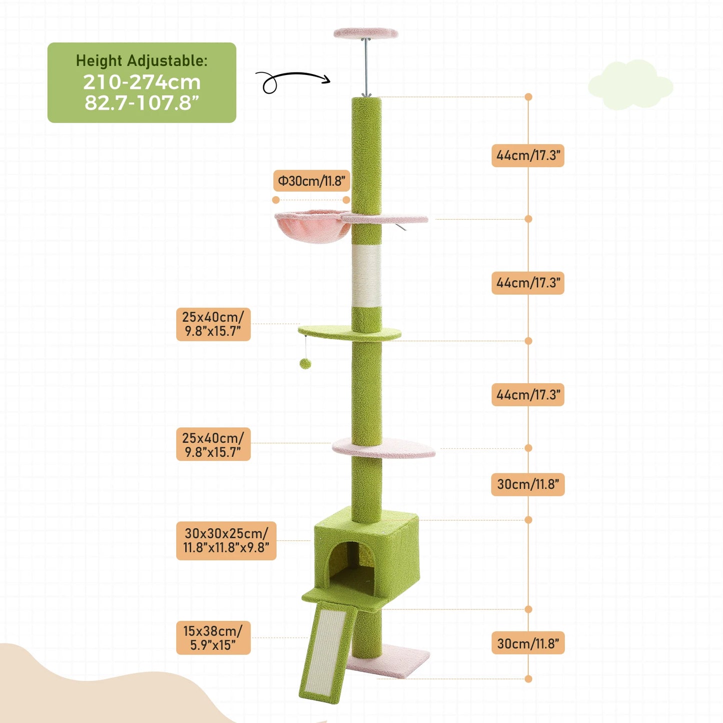 Adjustable Height 210-274CM Cat Tree Floor to Ceiling Tall Cat Climbing Tower with Cozy Condo Hammock Scratching Post Platforms