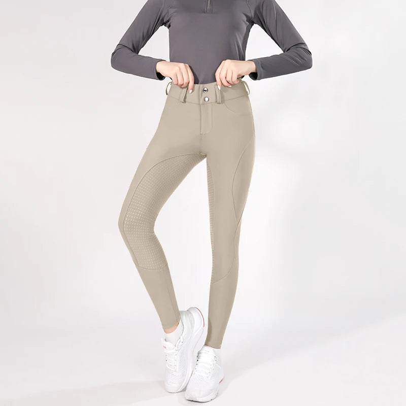 MXLLINA Button Zipper Horse Riding Pants Women Equestrian Leggings Breeches Competition Full Silicone Sports Tights