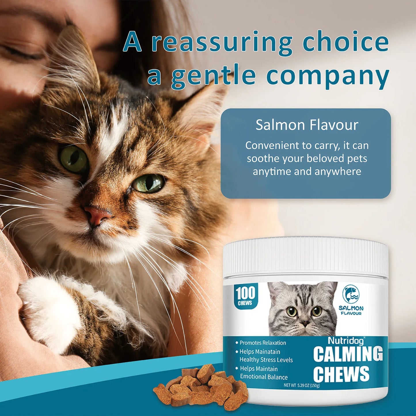 NUTRIDOG Cat Calming Chews Promotes Cats Relaxation Moods Calmer Relieve Stress Effects Maintain Emotional Balance 100 PCS/Bottle