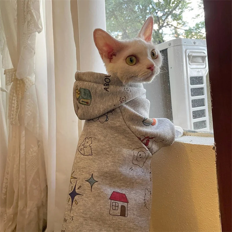 Thick Grey Fleece Hooded Sweatshirt for Sphinx Cat in Winter Long Sleeves Warm Cartoon Kittens Jacket Coat for Devon Rex