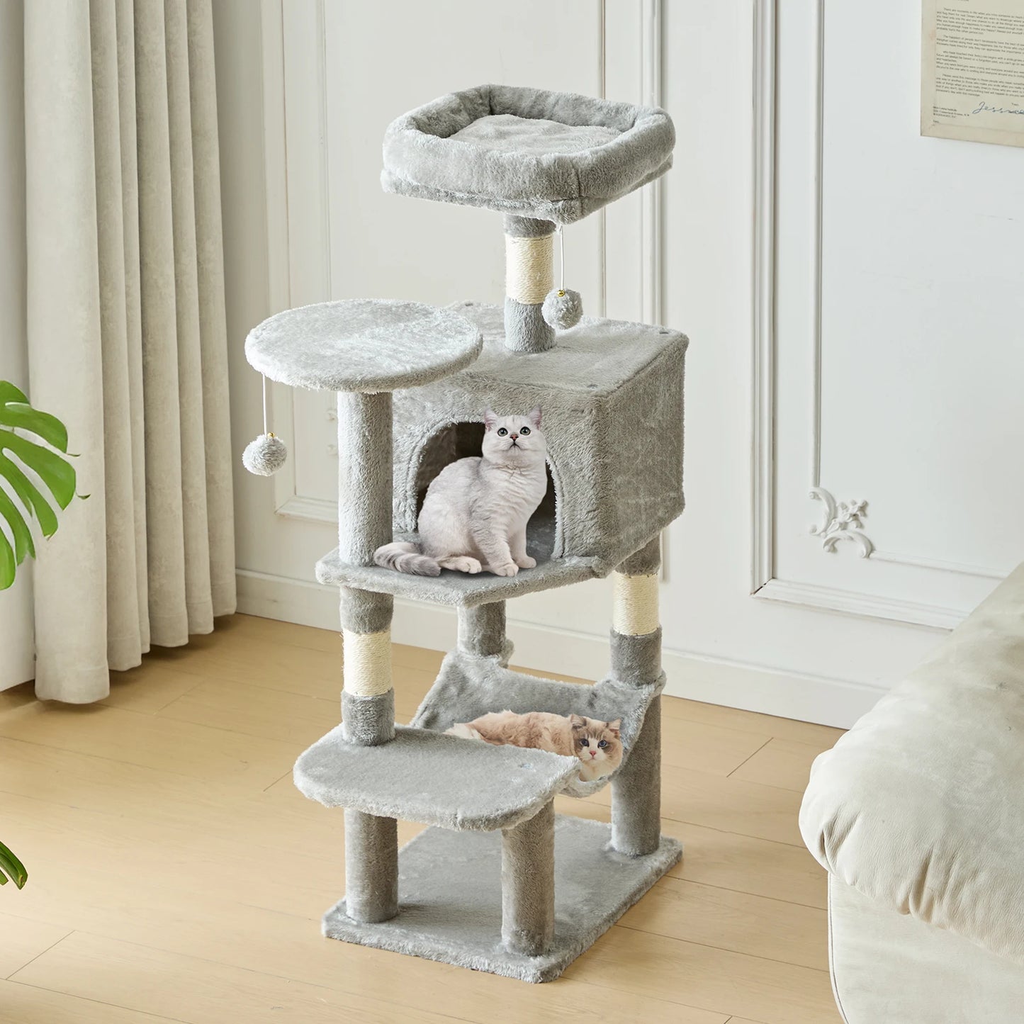 JHK 44In Cat Tree Tall Multi-Cat Climbing Tower for Pet Furniture Natural Sisal Scratching Posts Stable Pet House  for Indoor Cat