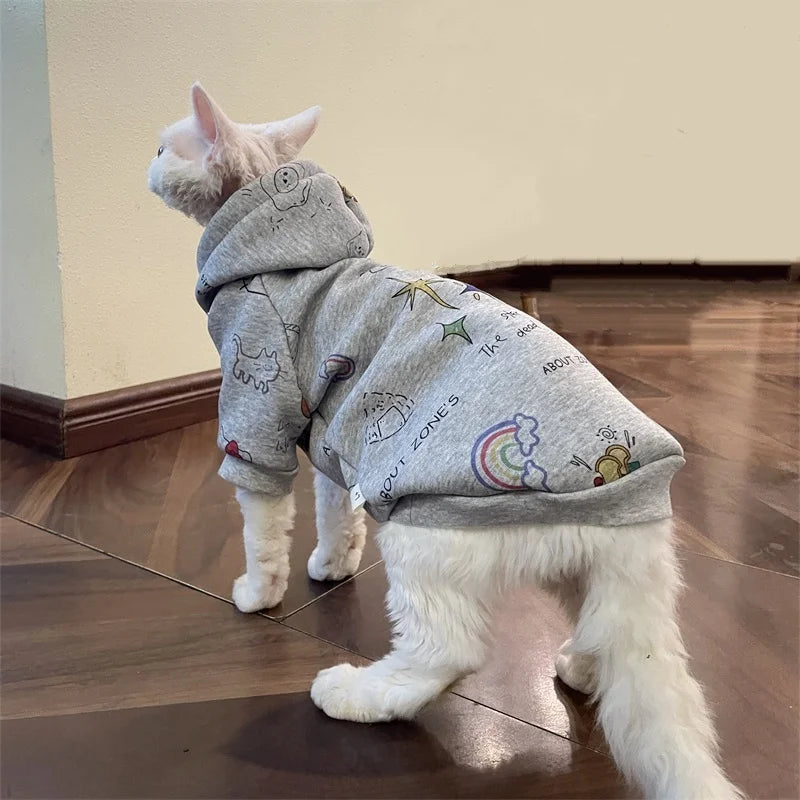 Thick Grey Fleece Hooded Sweatshirt for Sphinx Cat in Winter Long Sleeves Warm Cartoon Kittens Jacket Coat for Devon Rex