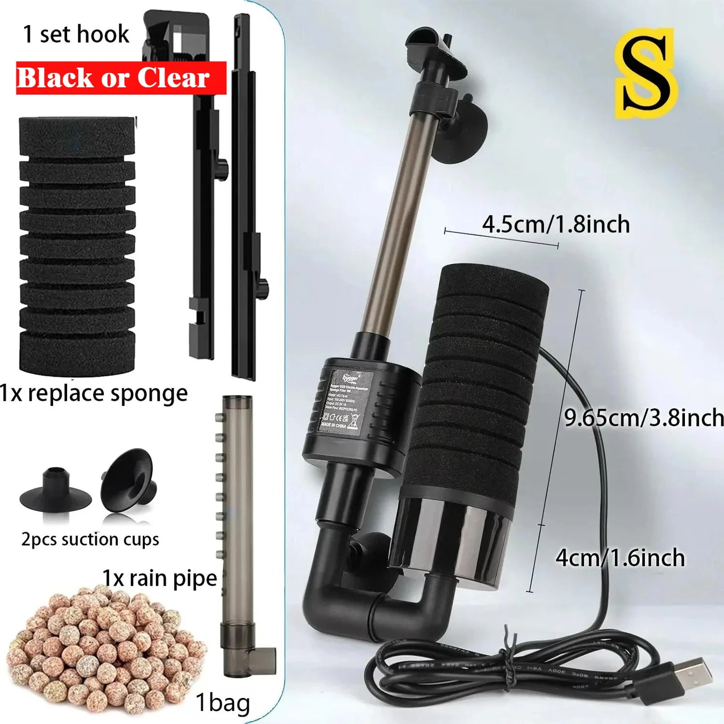 USB Small Aquarium Filter, Single Sponge Filter, with Suction Cup or Adjustable Hanging Clip, Dual Purpose Fish Bowl Tank Filter