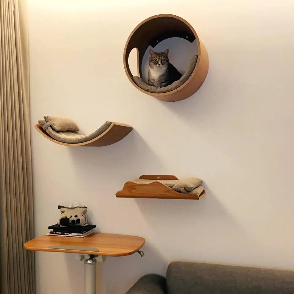 Wall-Mounted Cat Hammock Cradle Cat Climbing Frame Floating Shelf Solid Wood Cats Scratch Posts for Sleeping and Playing Toy