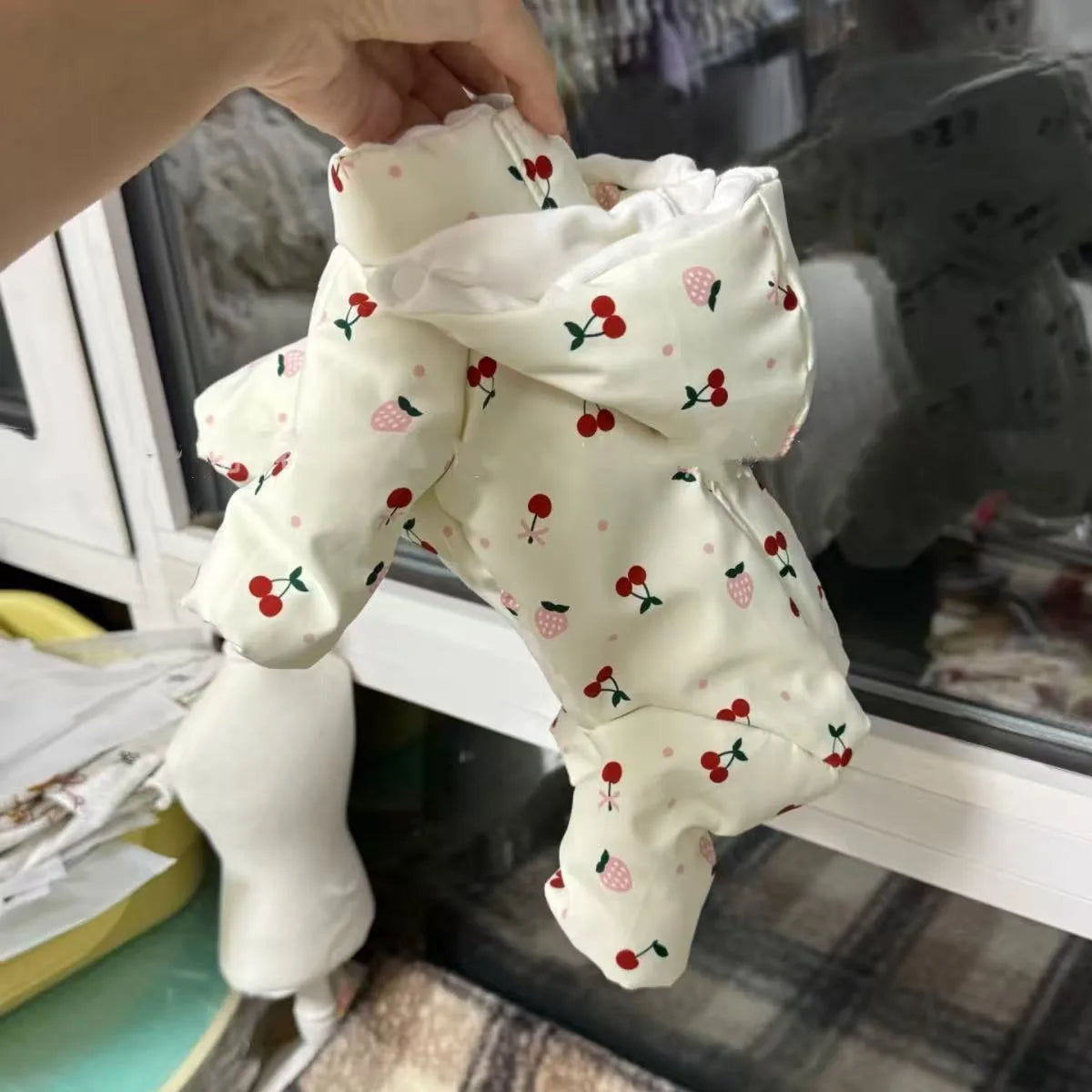 Pet Poodle Four-Legged Cotton Coat Teddy Warm Clothes Schnauzer Cherry Print Down Jacket Dog Winter Thickened Jumpsuits