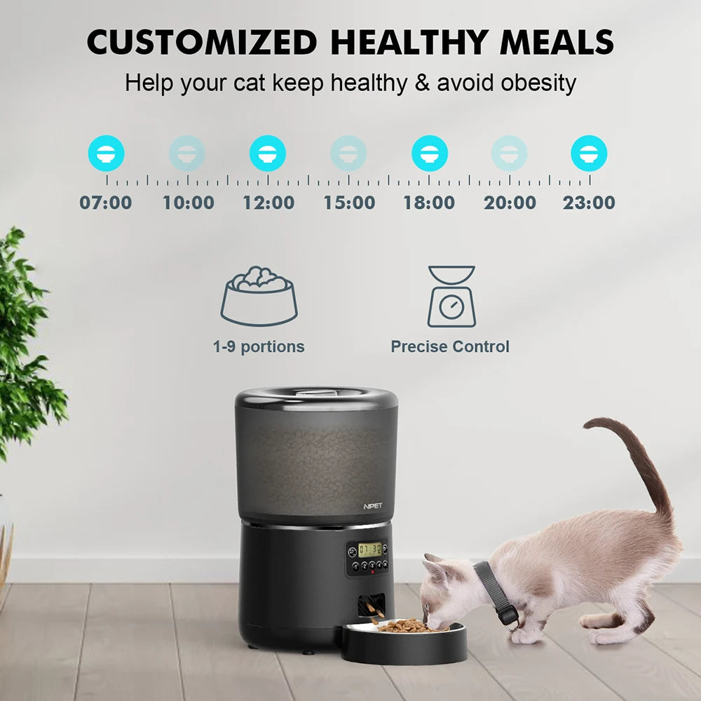 NPET 4L Automatic smart pet feeder for cats & dogs multiple pets with stainless steel bowl Customize healthy food 1-9 portions