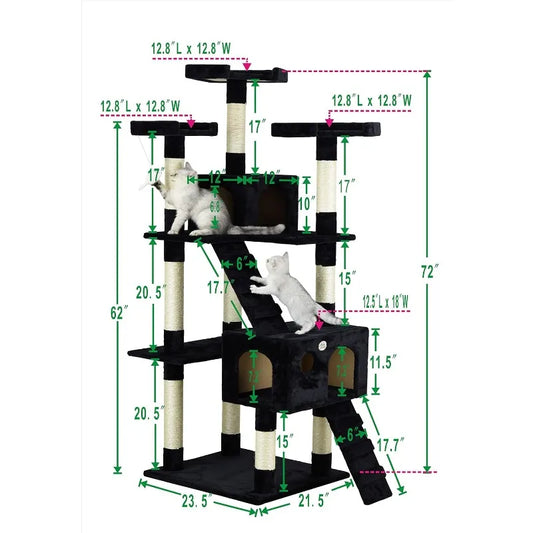 72" Tall Cat Tree Tower with Cat Condos - Large Cat Tree - Tower for Indoor Cats - Play Scratch Hide Climb Activity
