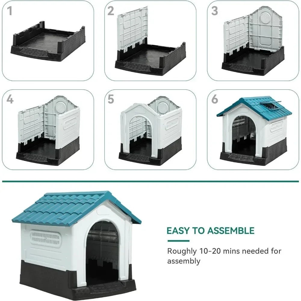 Folding large dog house outdoor plastic dog house with adjustable skylight and elevated base for small to medium sized dogs