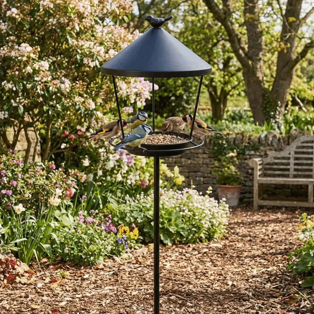 Weatherproof Standing Bird Feeder Spill Guard Large Capacity Wild Bird Feeding Station Anti-Waste Iron Birdbath Stand Courtyard