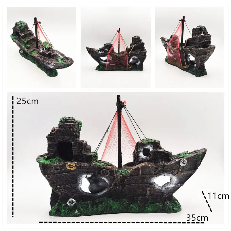 Aquarium Decor Fish Tank Resin Shipwreck Decoration Pirate Treasure Ship Fishing Net Ornament Accessories Statue For Fishes Hide