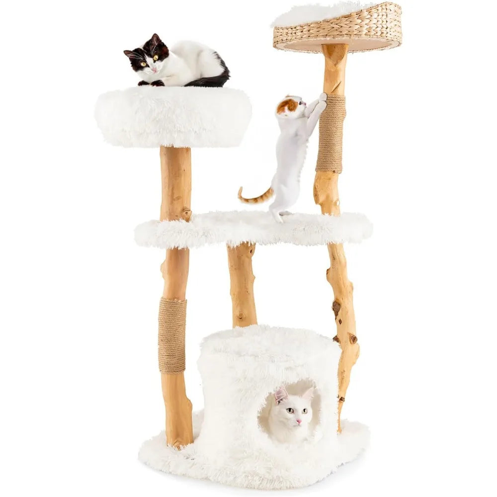 Cat Tree for Indoor Cats, Solid Wood Modern Cats Tower with Top Cattail Basket Cats Bed, Side Perch, Large Platform