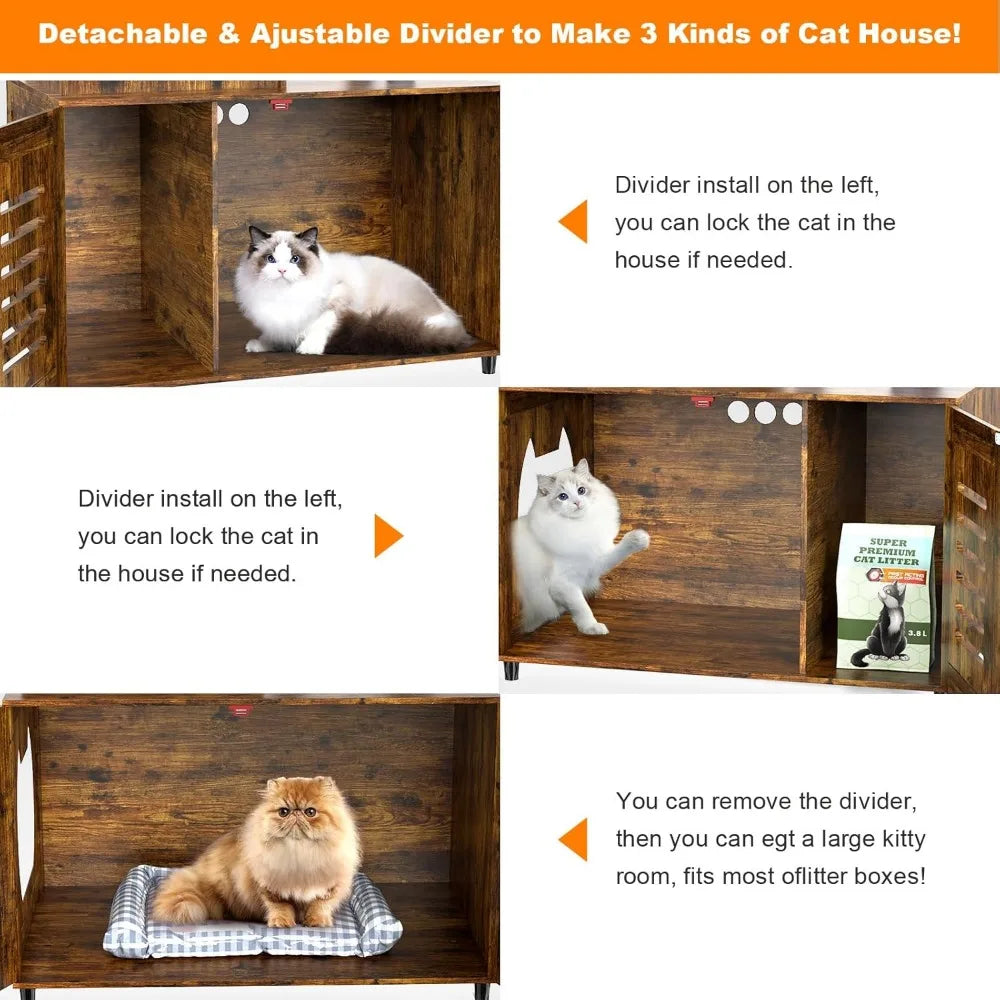 Hidden Litter Box Enclosure, Cat Tree Tower for Indoor cats, Modern Wooden All-in-one Cat Litter Cabinet