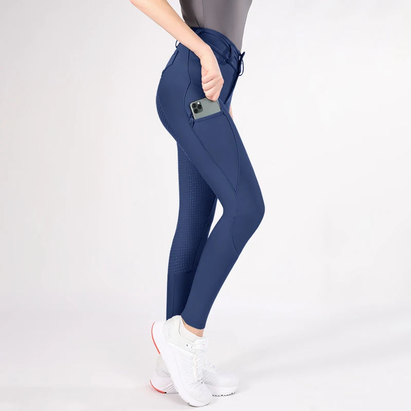 MXLLINA Button Zipper Horse Riding Pants Women Equestrian Leggings Breeches Competition Full Silicone Sports Tights