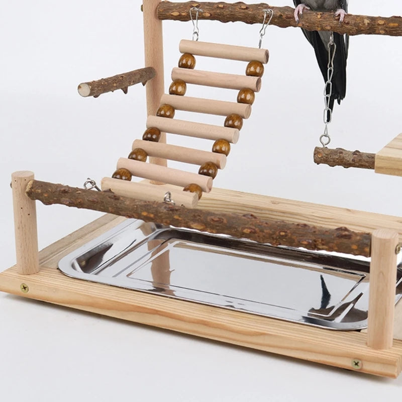 Pet Parrot Play stand Parrots Bird Playground Bird Plays Stand Wooden Perch Playground Ladder with Steel Feeder Plate