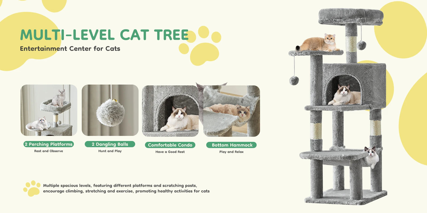 JHK 44In Cat Tree Tall Multi-Cat Climbing Tower for Pet Furniture Natural Sisal Scratching Posts Stable Pet House  for Indoor Cat