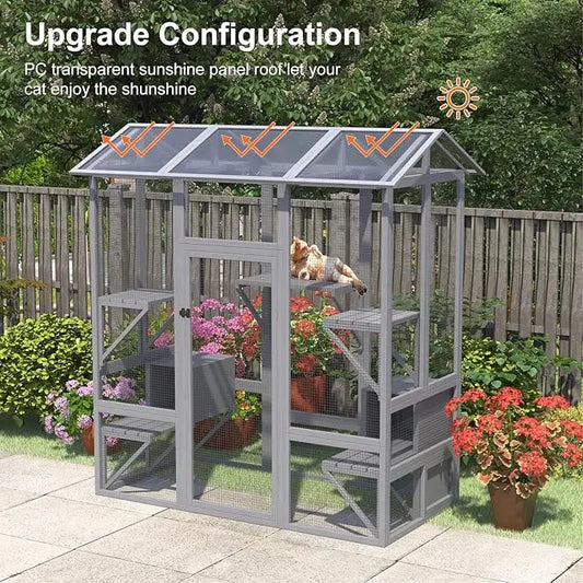 Outdoor Cat Enclosure, Large House Walk in Cat Cage w/ Waterproof Cover and Sunshine Panel Roof, 7 Platforms and 2 Rest Box, 72"