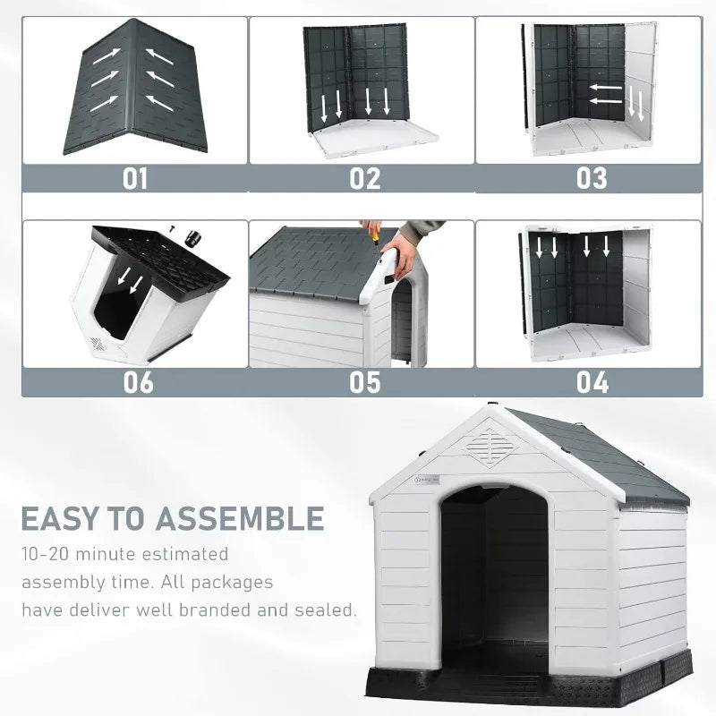 LEMBERI Durable Waterproof Plastic Dog House for Small to Large Sized Dogs, Puppy Shelter with Elevated Floor, Easy to Assemble