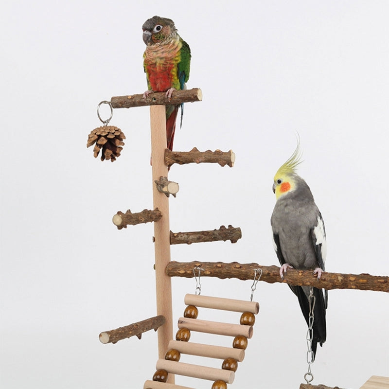Pet Parrot Play stand Parrots Bird Playground Bird Plays Stand Wooden Perch Playground Ladder with Steel Feeder Plate