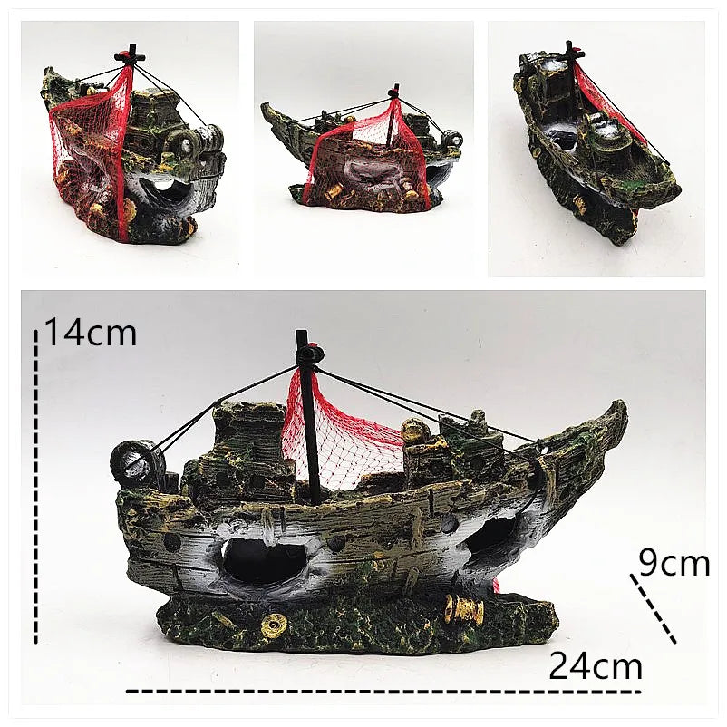 Aquarium Decor Fish Tank Resin Shipwreck Decoration Pirate Treasure Ship Fishing Net Ornament Accessories Statue For Fishes Hide