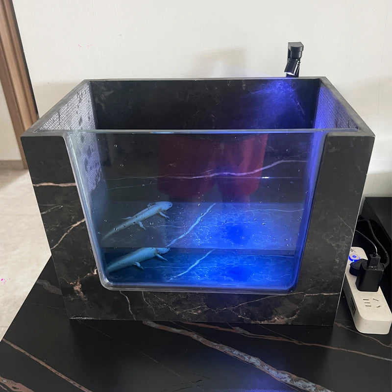 Yard fish pond rock slab floor-to-ceiling koi fish tank outdoor integrated square balcony to create landscape water feature