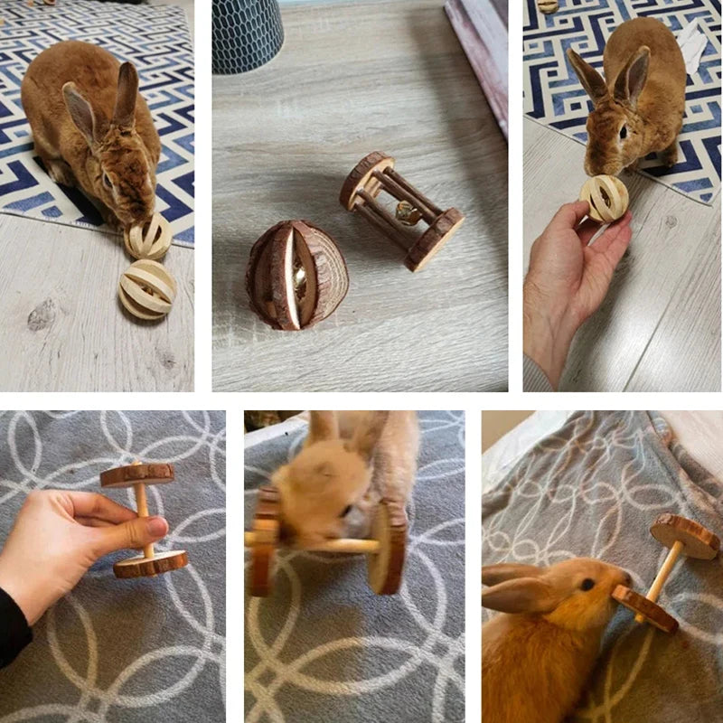 Guinea Pig Rabbit Hamster Small Animal Play Pet Roller Toys Natural Wooden Pine Dumbbells Unicycle Bell Chew Chewing Braided Ball