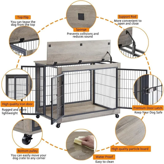 Dog Crate Furniture, Wooden Table, Dog Kennel with 3 Doors, Flip-up Top Opening and Wheels, Decorative Pet Crate House