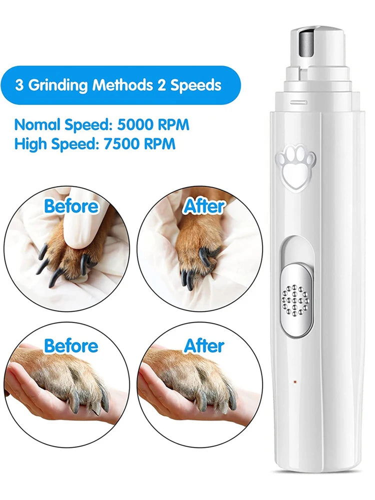 Electric Dog Nail Grinder USB Rechargeable LED Light Pet Nail Clipper Painless 2-Speed with Polisher Wheel for Pet Paws Grooming