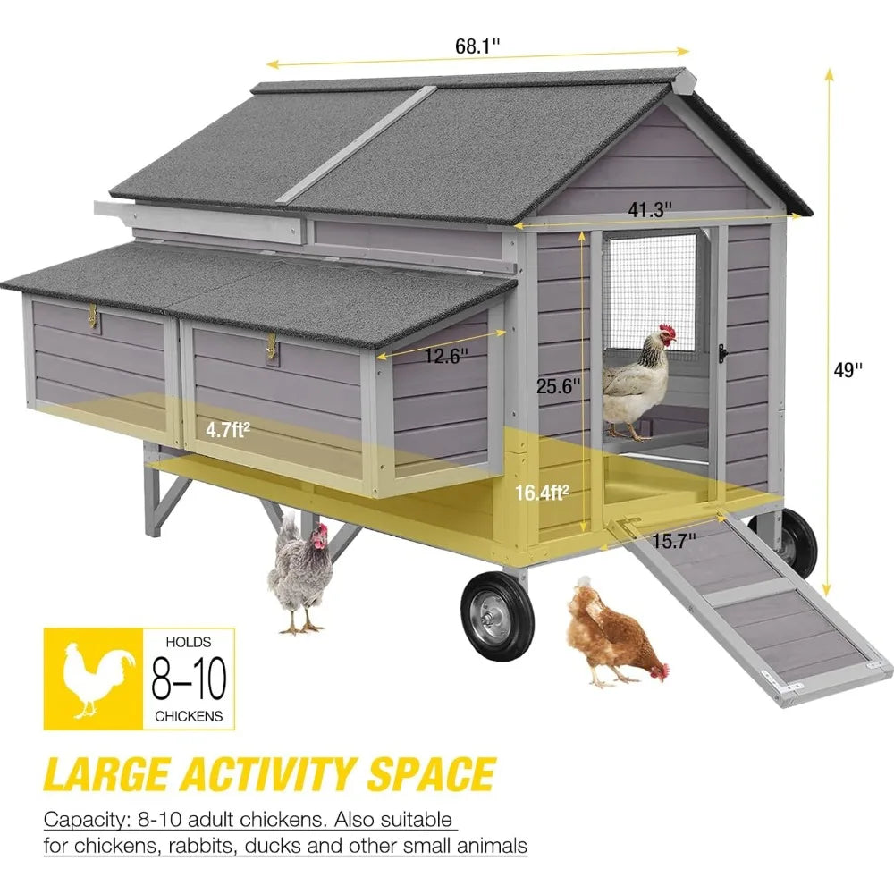 Portable Wooden Chicken Coop with Nesting Box with Sturdy Iron Frame, Durable and Waterproof, Large Upgraded Poultry Cage.