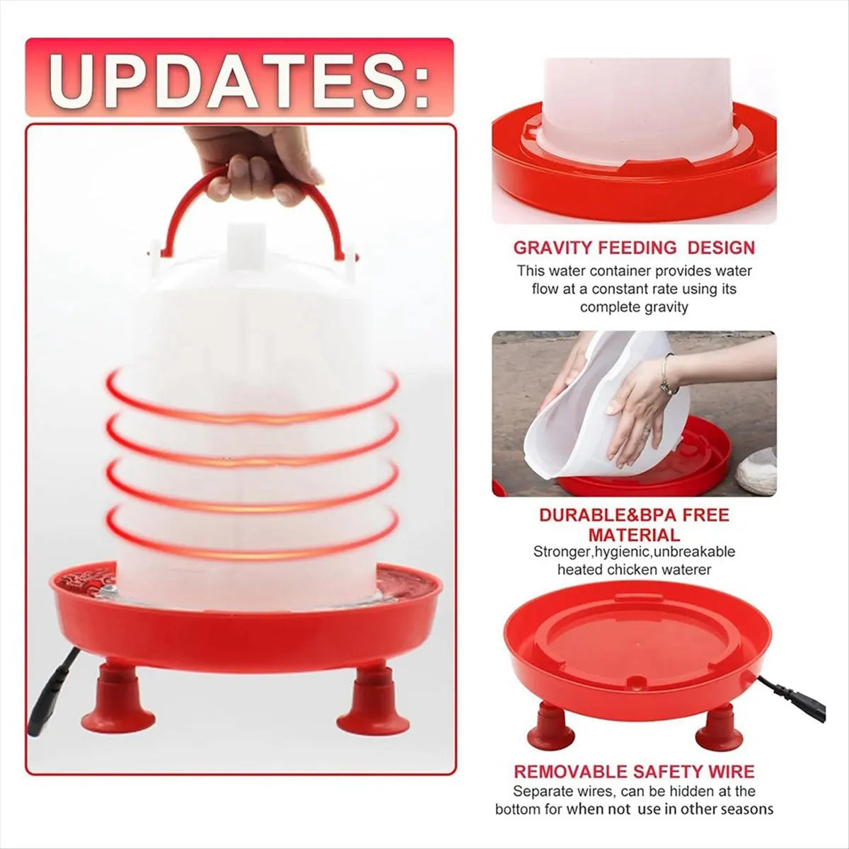 Auto-Fill For Winter Heated Chicken Waterer 3L Heater With Leg Support, 35W Heating Poultry