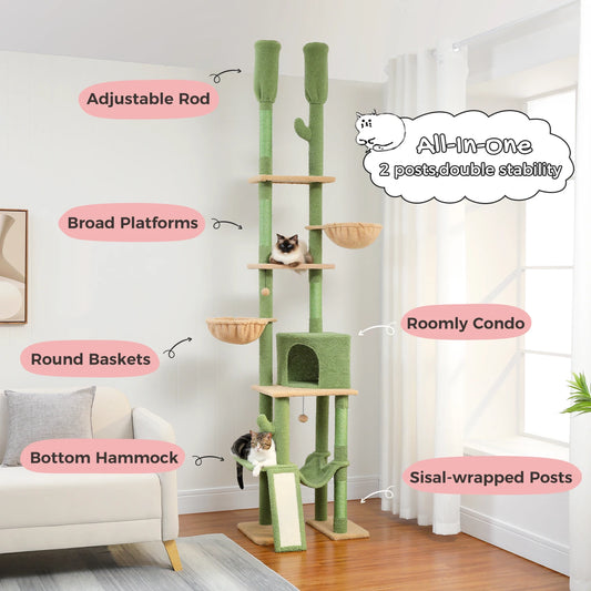 Floor to Ceiling Cat Tree for Indoor, Adjustable Height Tall Cat Tower with Sisal Scratching Post, Cozy Condo Hammock, Cat Toys