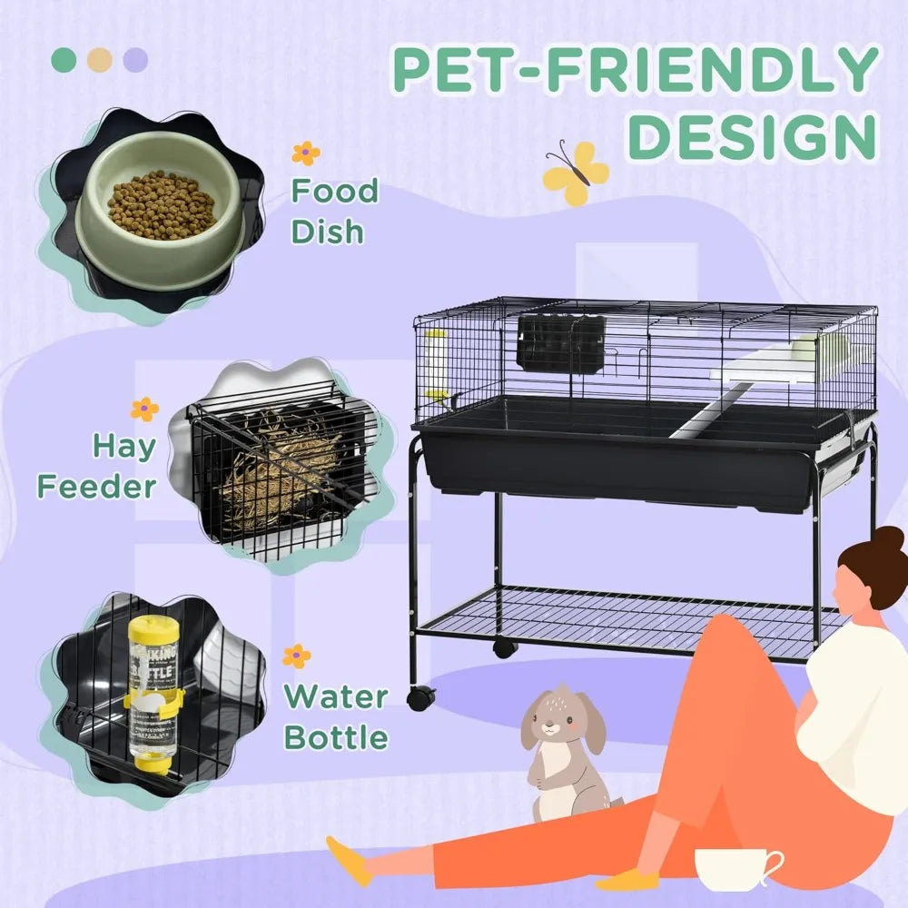 Two-Story Small Animal Cage Removable from Stand, Guinea Pig Cage, Hedgehog Cage, Chinchilla Cage, Ferret, with Shelf & Wheels