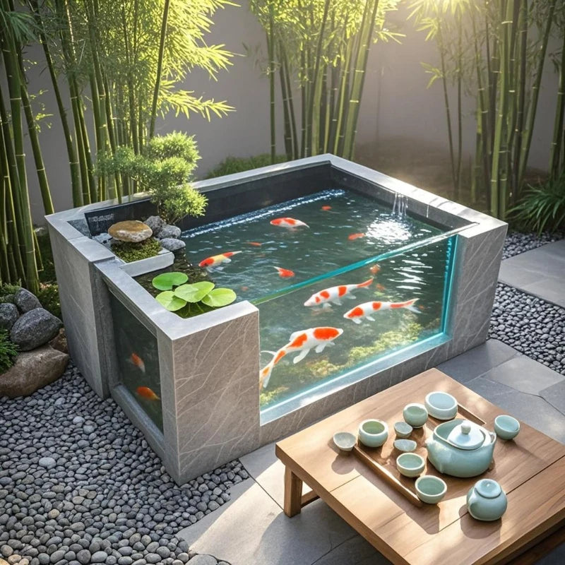 Yard fish pond rock slab floor-to-ceiling koi fish tank outdoor integrated square balcony to create landscape water feature