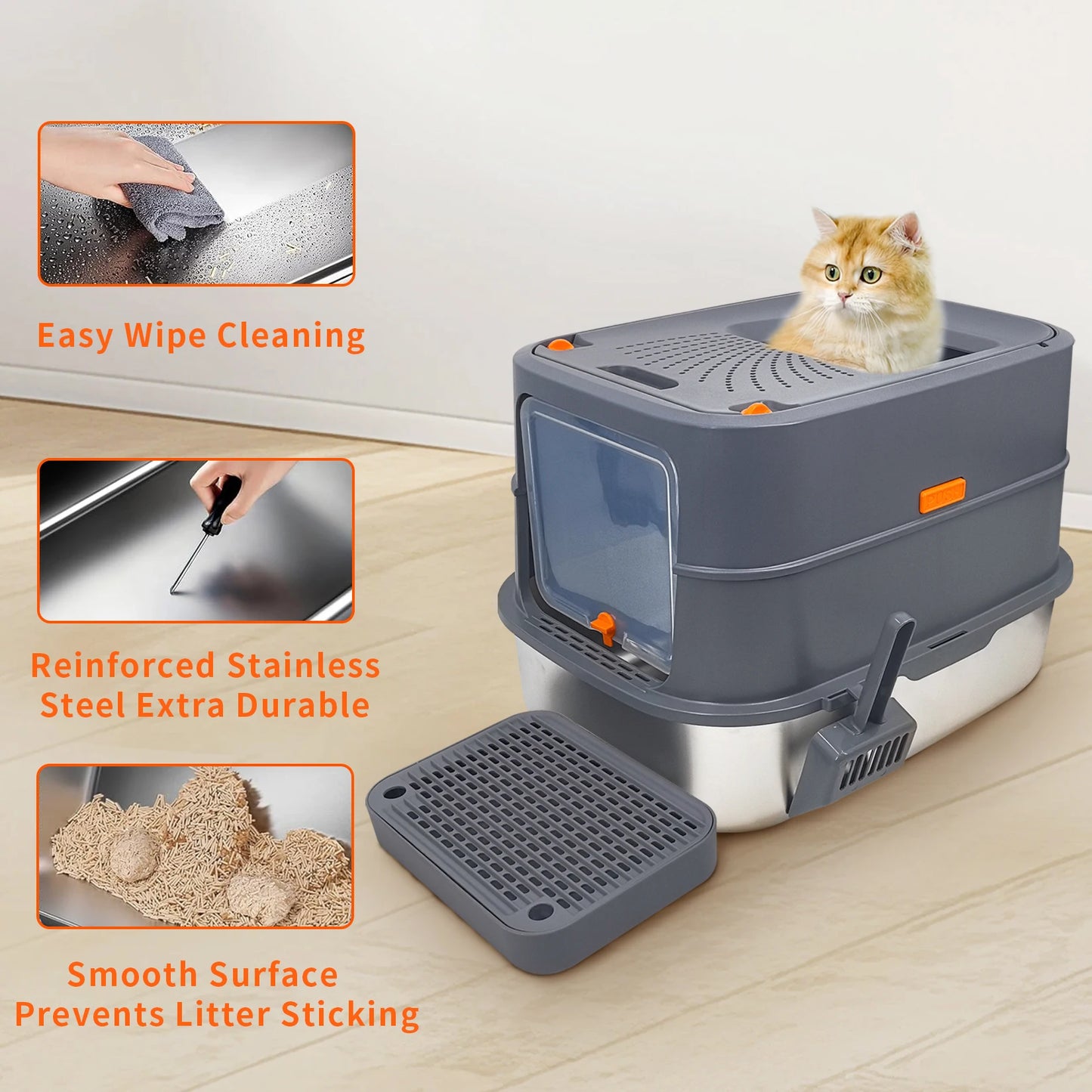 4-Style Cat Litter Box with Lid Large Kitty Litter Box Enclosed with High Sided Enclosure Scoop Non-Sticky