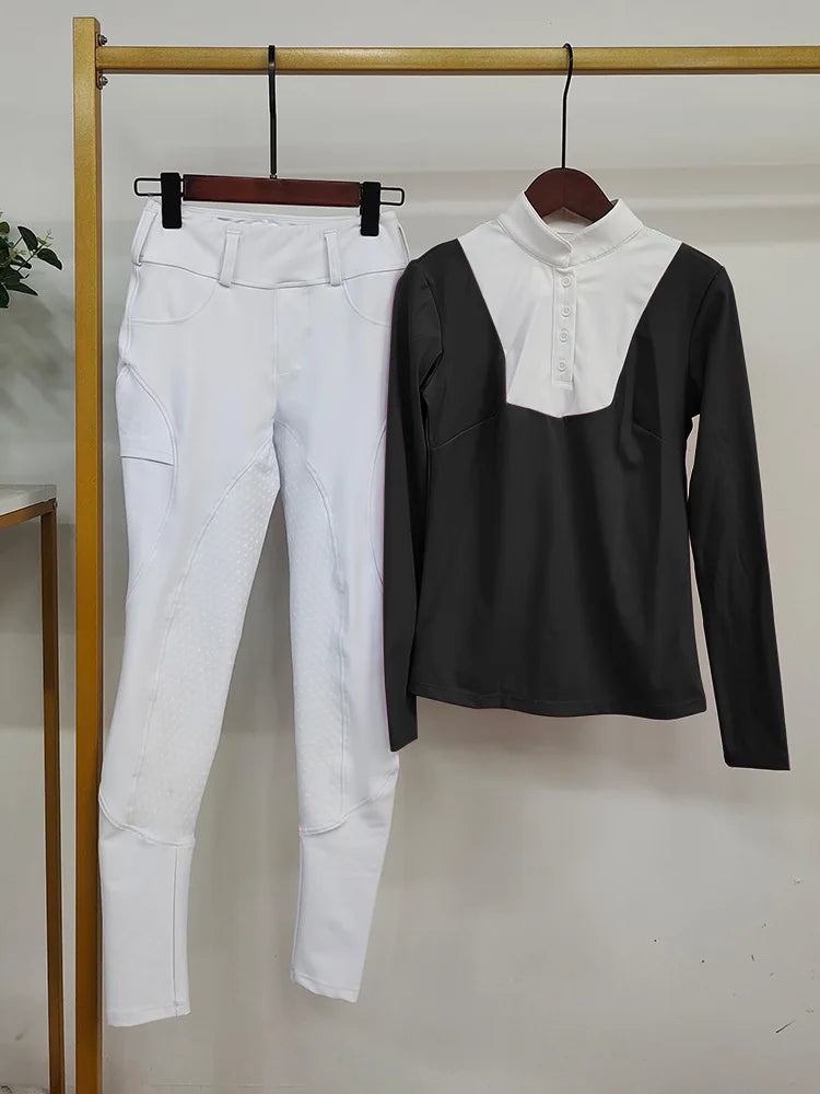 MXLLINA Women Equestrian Clothes Set Horse Riding Long Sleeve T-shirts And Pants Sports Suit Competition Training Riding Wear